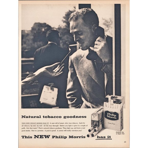 1956 Philip Morris Cigarettes Vintage Print Ad Phone Booth Business Suit Art 50s - Picture 1 of 1
